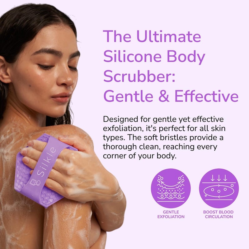 SILKLE Silicone Body Scrubber – Gentle Exfoliating Shower Scrubber for Body & Bath, Silicone Shower Brush & Loofah Alternative – Non-Slip Silicone Body Brush, Quick Dry, Hygienic - Purple - Image 3